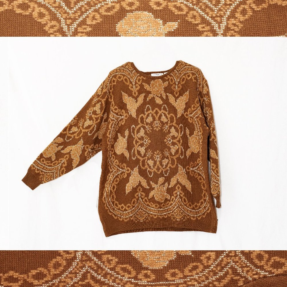 Vintage 80s Liz Claiborne Brown Gold Tinsel Floral Brocade Maximalist Sweater